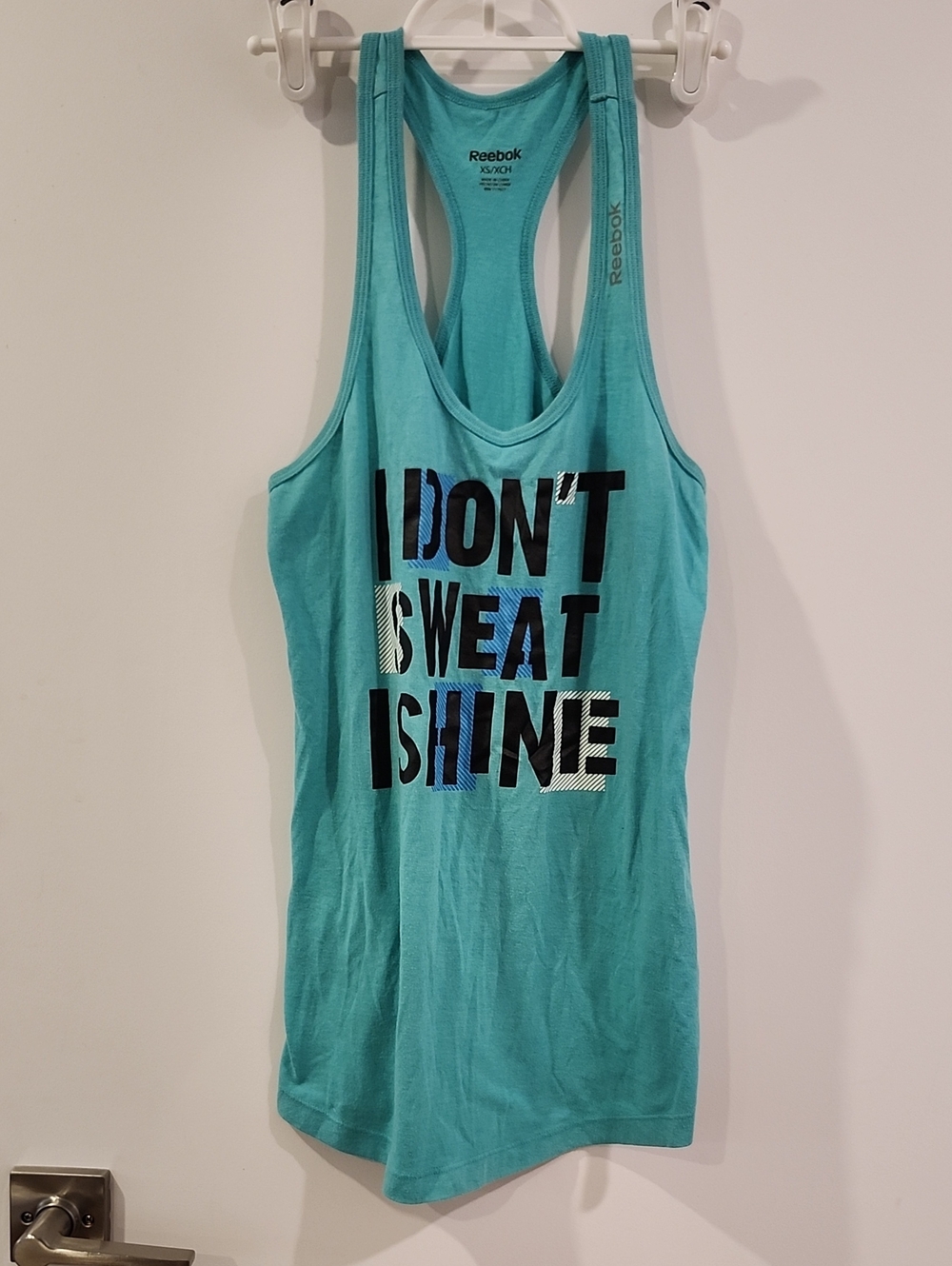 P2P 15" Reebok Women’s Turquoise Racerback Tank – I Don’t Sweat I Shine